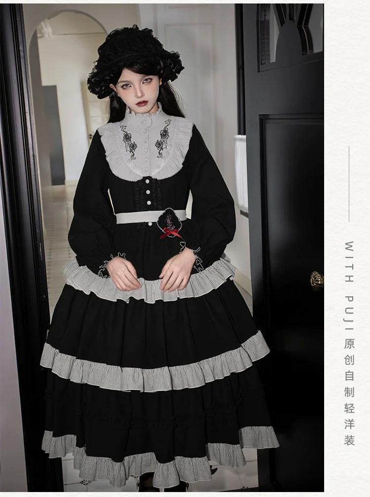With PUJI - Castle Night - Gothic Twins Lolita OP Three-tiered Embroidery Dress