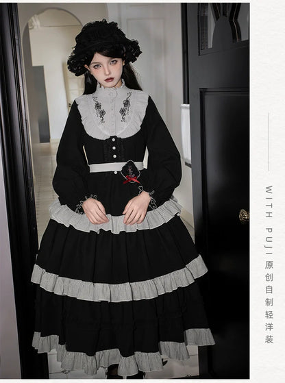 With PUJI - Castle Night - Gothic Twins Lolita OP Three-tiered Embroidery Dress