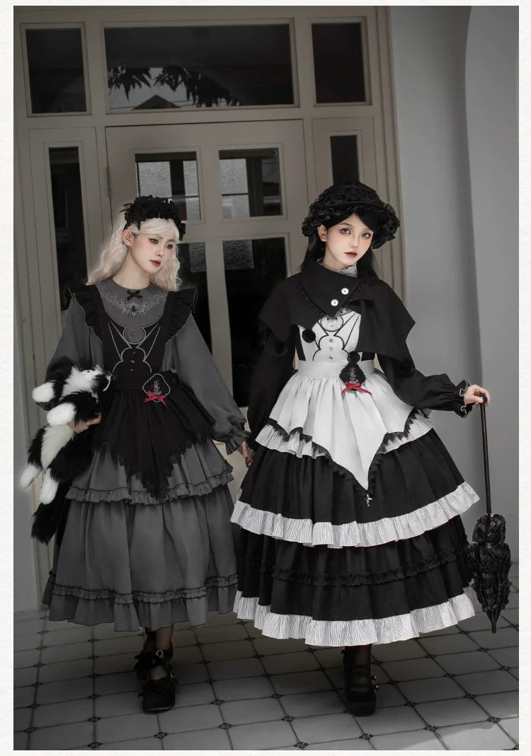 With PUJI - Castle Night - Gothic Twins Lolita OP Three-tiered Embroidery Dress