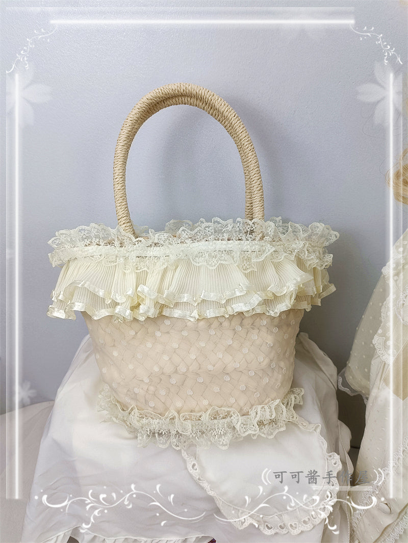 Cocoa Jam - Retro Lolita Hat Hand-basket Ivory Lace Lolita Hat Hand-basket