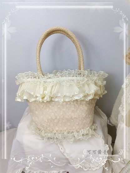 Cocoa Jam - Retro Lolita Hat Hand-basket Ivory Lace Lolita Hat Hand-basket