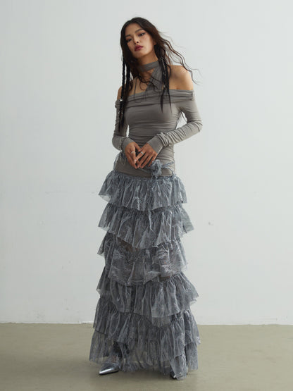 Off-shoulder Patchwork Metallic Silver Ruffled Maxi Dress