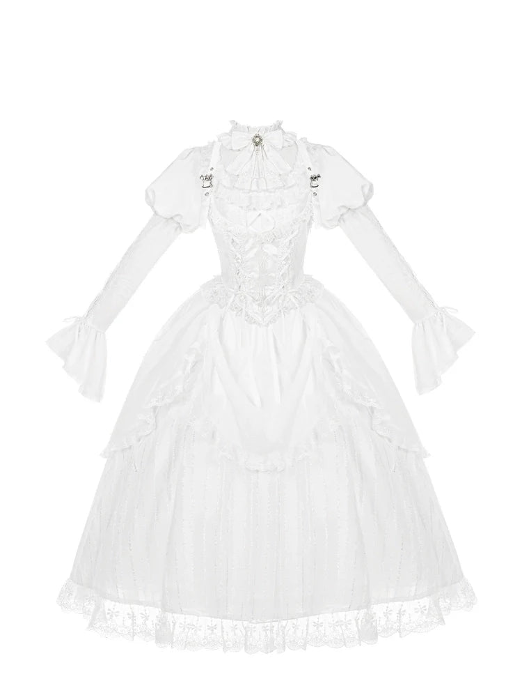 With PUJI - Fallen Heaven - White Gothic Lolita OP Set, Double Layered Skirt