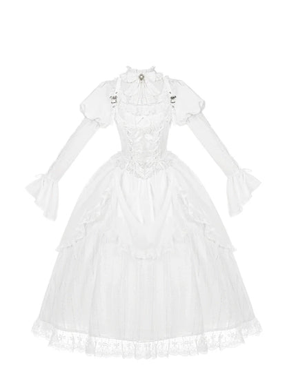 With PUJI - Fallen Heaven - White Gothic Lolita OP Set, Double Layered Skirt