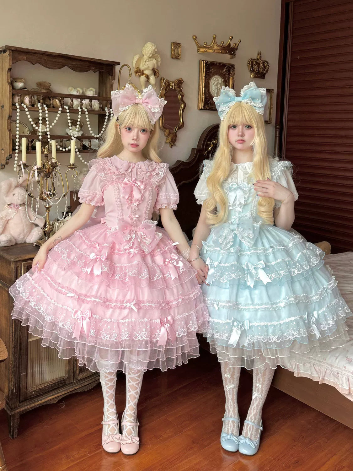 Hanguliang - Fudie Heart - Sweet Lolita JSK Dress With Tiered Skirt and Bow Trailing