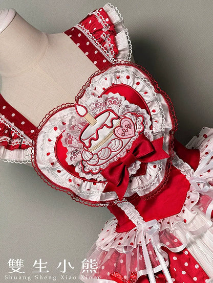 Shuang Sheng Xiao Xiong - Bite The Cake - Sweet Lolita Dress, Red & White Polka Dots