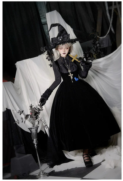 With PUJI - Enigmatic Night Poem - Halloween Gothic Lolita Fishbone Bustier Dress Embroidered Coat