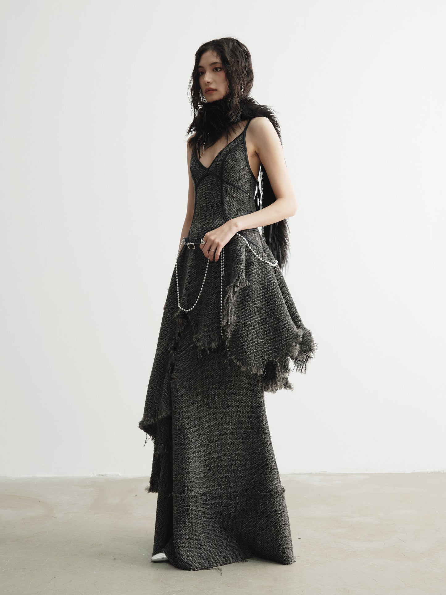 Damaged Raw Edge Tassel Suspender Irregular Dress