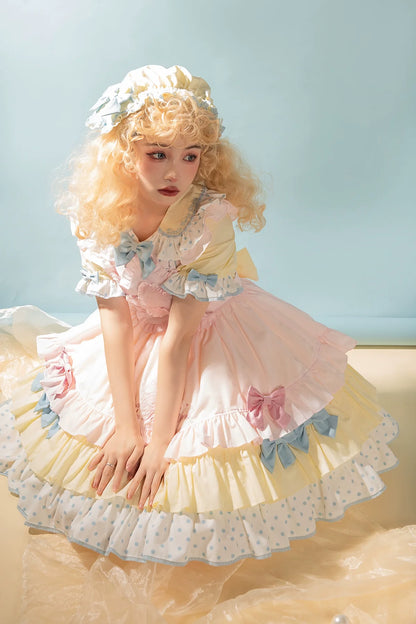 Vcastle - Sweet Lolita OP Dress Splicing Sleeve Apron Dot Print Dress