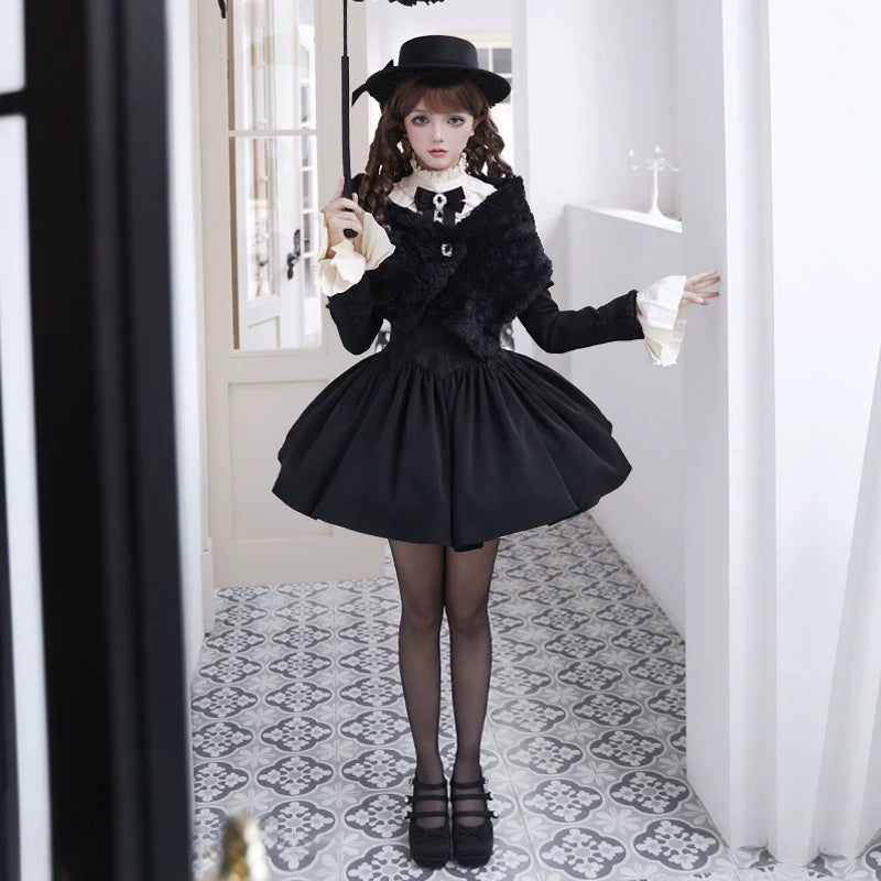With PUJI - Old Testament - Classic Lolita Coat Black Plush Lolita Cape and Brooch