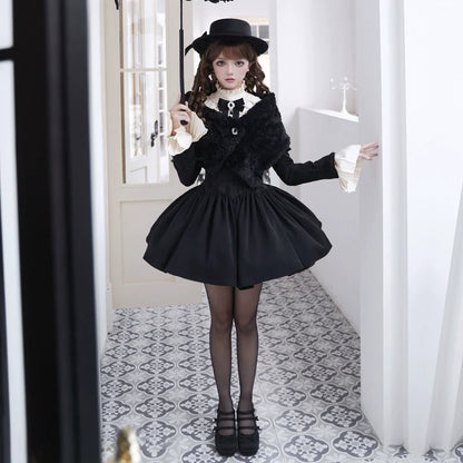 With PUJI - Old Testament - Classic Lolita Coat Black Plush Lolita Cape and Brooch