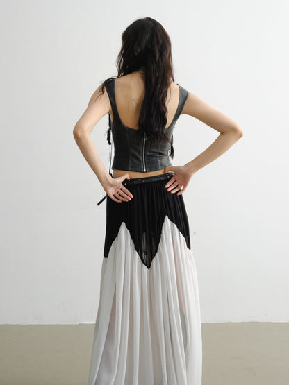 Contrast Stitching Rivet Decorative Belt Chiffon Skirt