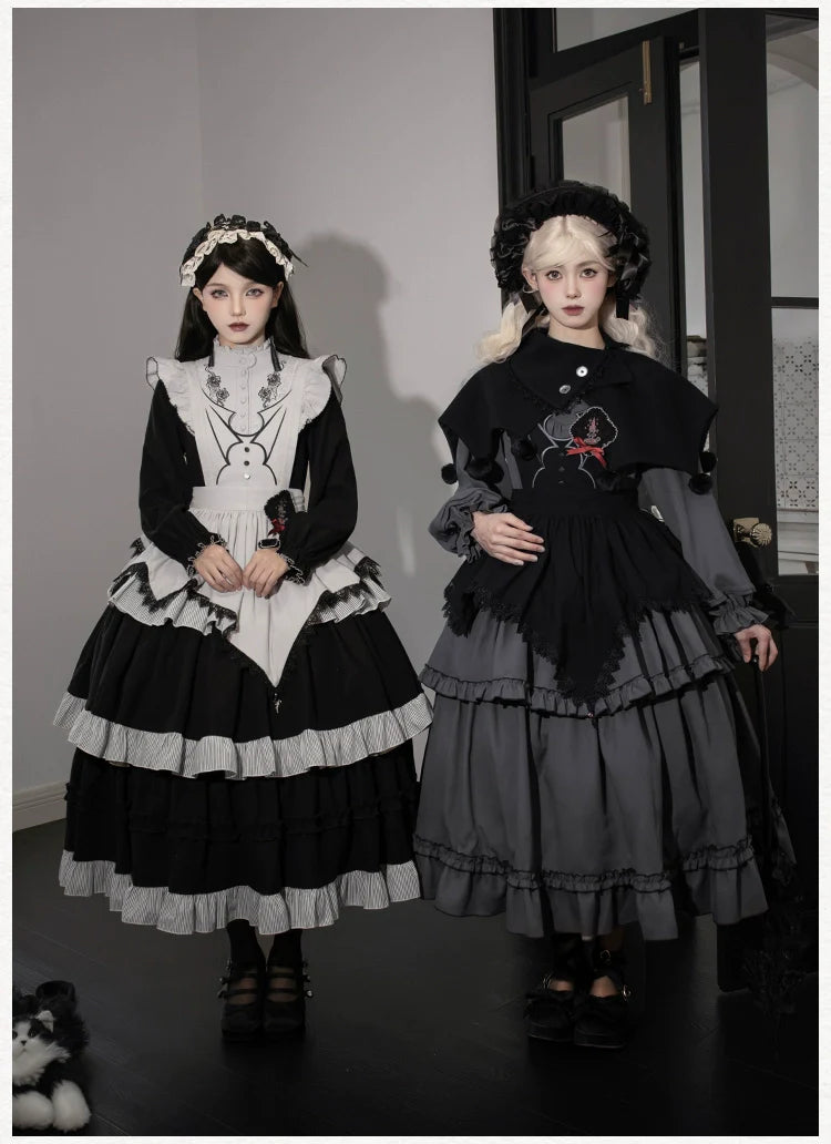 With PUJI - Castle Night - Gothic Twins Lolita OP Three-tiered Embroidery Dress
