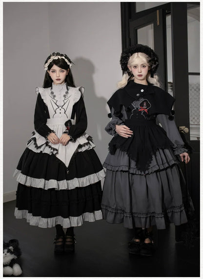 With PUJI - Castle Night - Gothic Twins Lolita OP Three-tiered Embroidery Dress