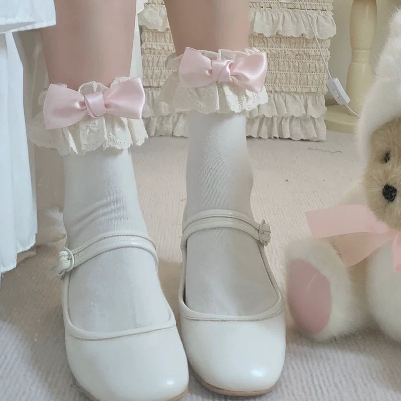 Roji Roji - Cotton Lolita Socks Lace Bow White Socks