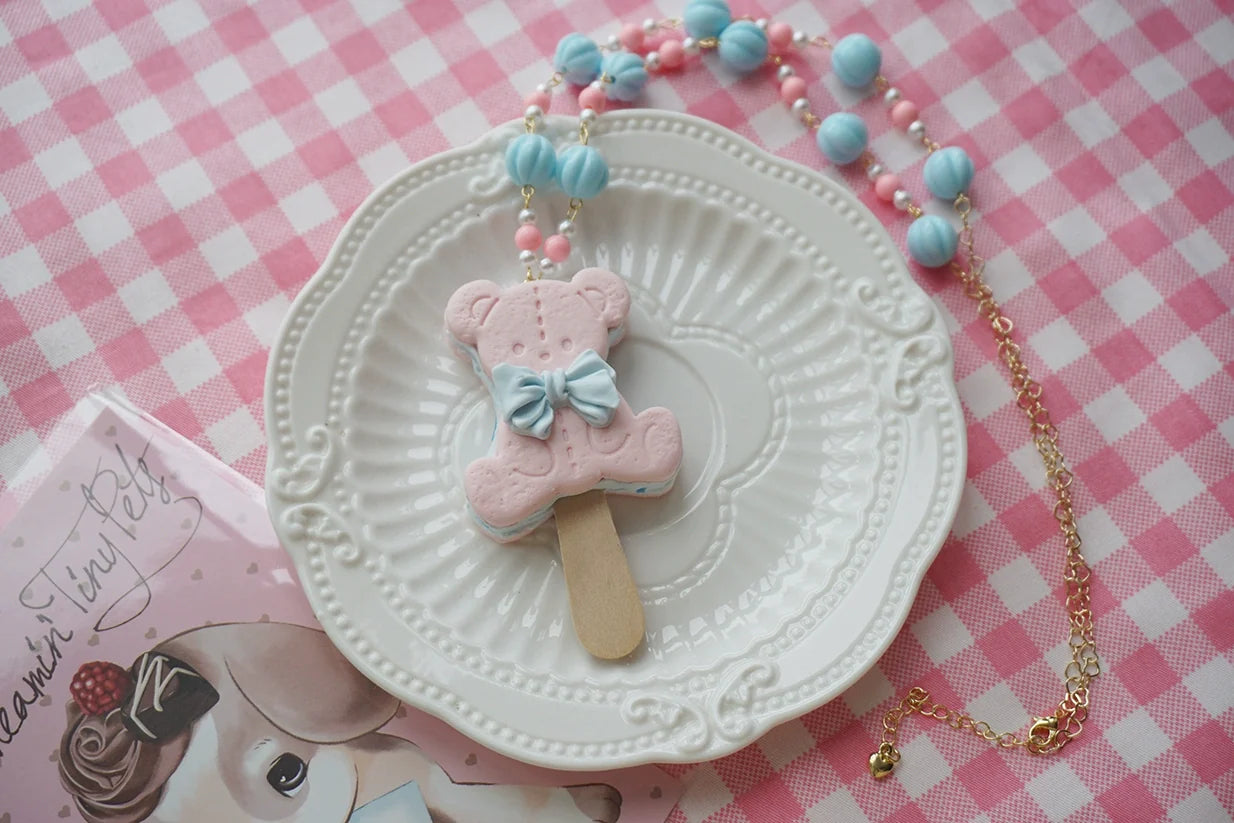 Cat Tea Party - Kawaii Lolita Necklace Bear Biscuit Ice Cream Handmade Clay Necklace