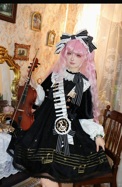 Forest Fluorescent Carps - Black and White Sonata - Ouji Lolita Vest Suit and Vintage Lolita OP Dress