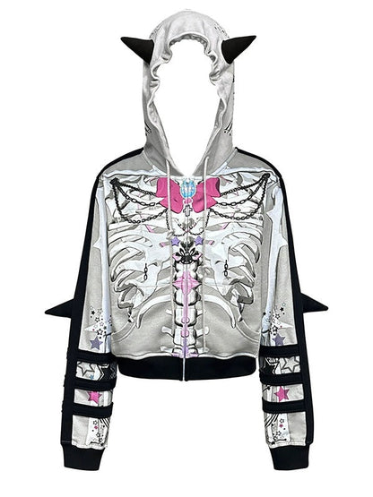 Bow Skull Print Pointed ZIP-Up Parka【s0000004229】