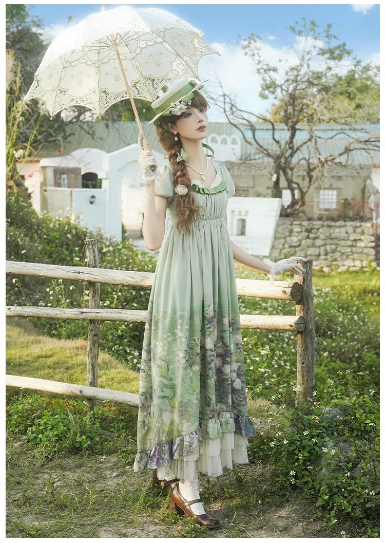 With PUJI - Blooming Rose - Chiffon Classic Lolita Dress Set Painting Styled OP & JSK