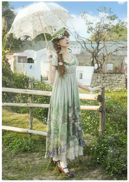 With PUJI - Blooming Rose - Chiffon Classic Lolita Dress Set Painting Styled OP & JSK