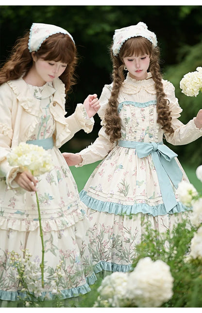 With PUJI - Oriole Time - Country Lolita JSK and OP Dress, Floral and Bird Print