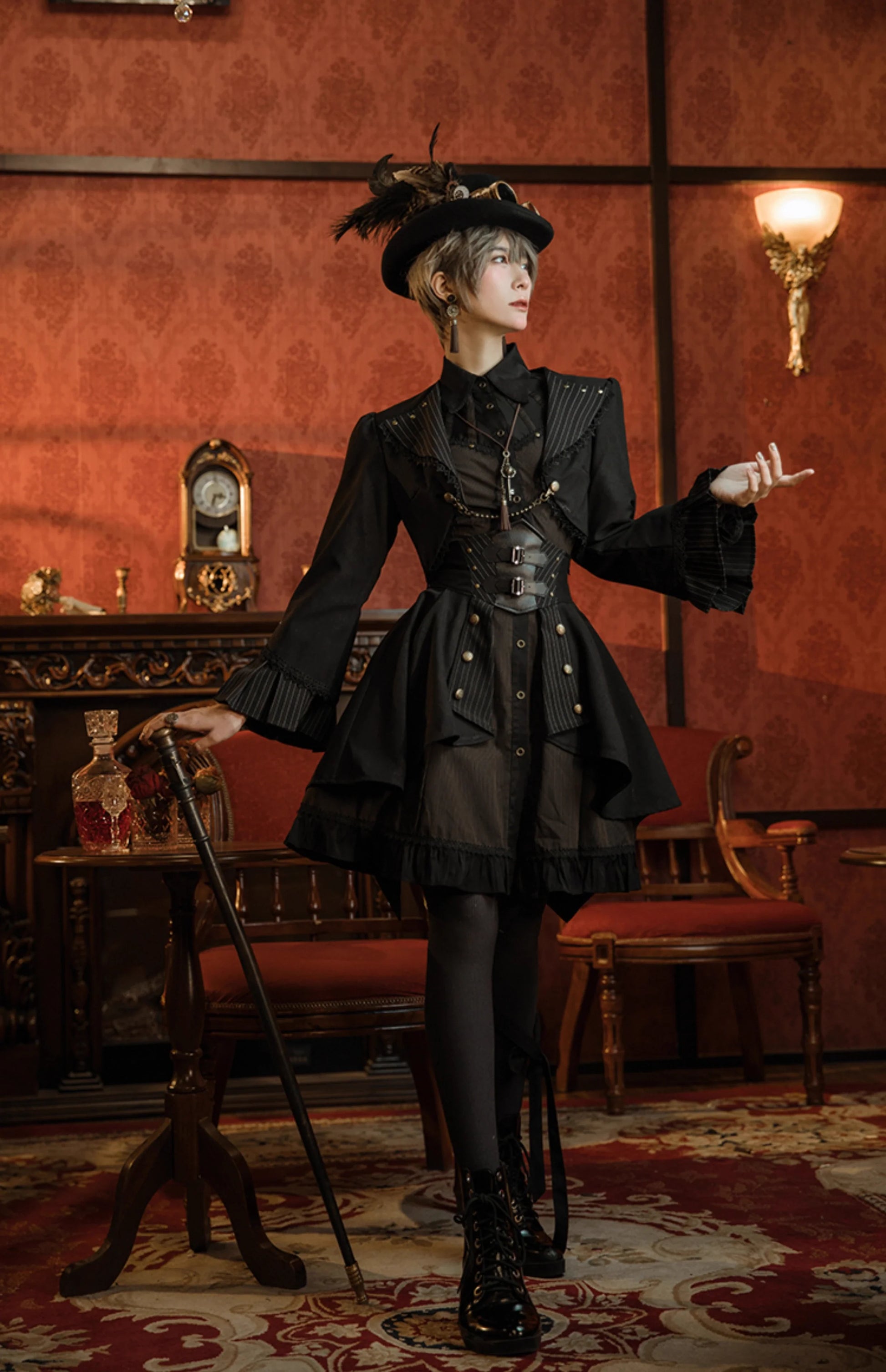 Mr. Yi's Steam Continent - Gothic Lolita Skirt Black High-Waisted Leather Waistband Skirt