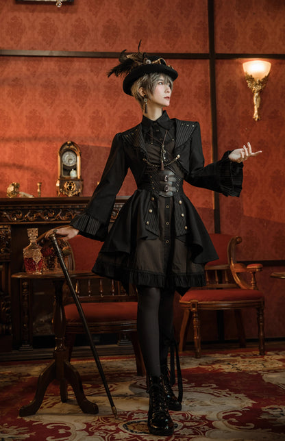 Mr. Yi's Steam Continent - Gothic Lolita Skirt Black High-Waisted Leather Waistband Skirt