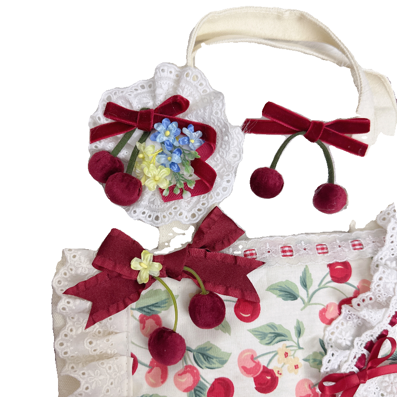 Chestnut Lolita - Sweet Lolita Headdress Cherry Hair Clip Straw Hat Necklace Handmade Set