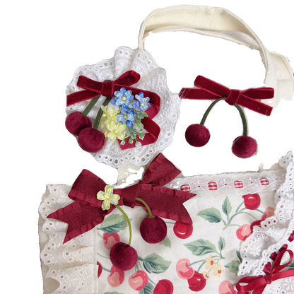 Chestnut Lolita - Sweet Lolita Headdress Cherry Hair Clip Straw Hat Necklace Handmade Set
