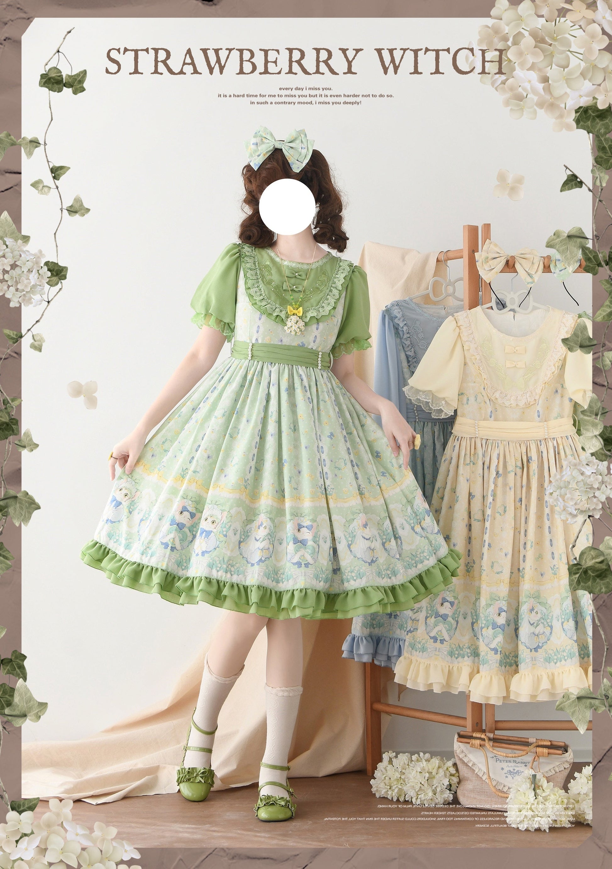 Strawberry Witch - Lily of the Valley Kitten - Country Lolita OP with Embroidery and Cat Print
