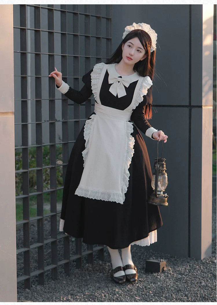 With PUJI - Kiss Kiss - Vintage Lolita OP Dress Maid Lolita Apron Dress