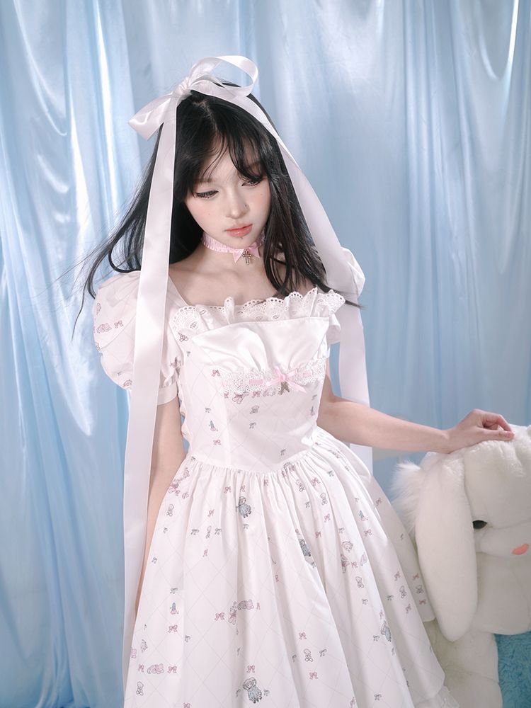 Print puff sleeve lace dress【s0000002172】