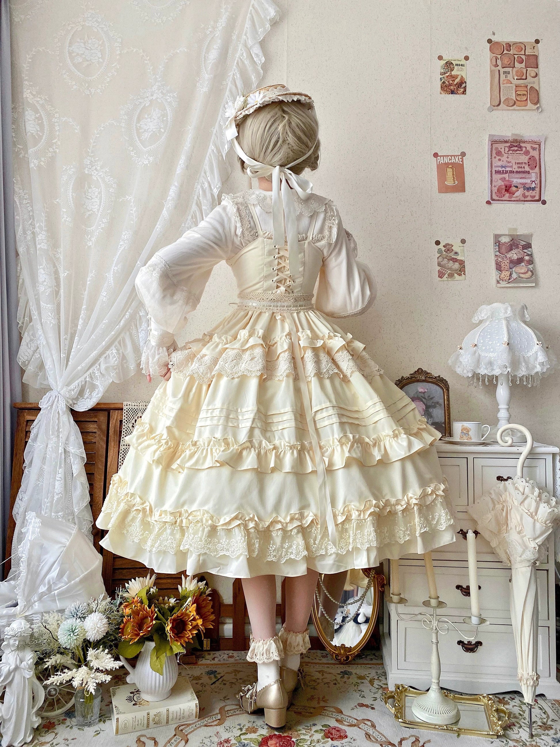 Qianmu - Lilianne - Elegant Lolita Ruffled Hem JSK Dress Multicolors