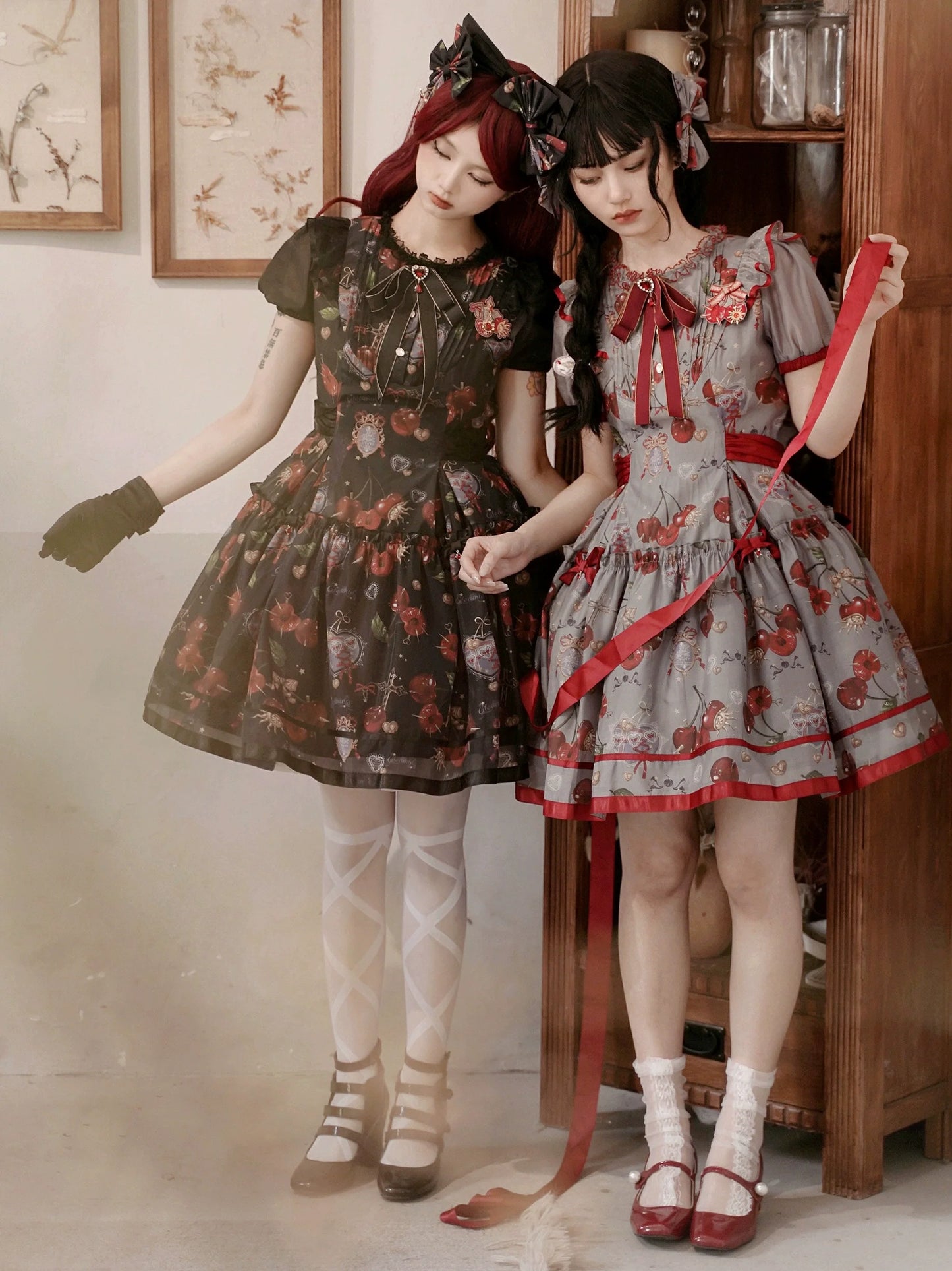 Gloaming - Sweet Lolita Cherry print Short Sleeve OP and SK Set
