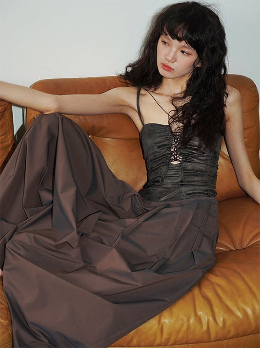 Polarized Faux Leather Hollow Suspender Long Dress