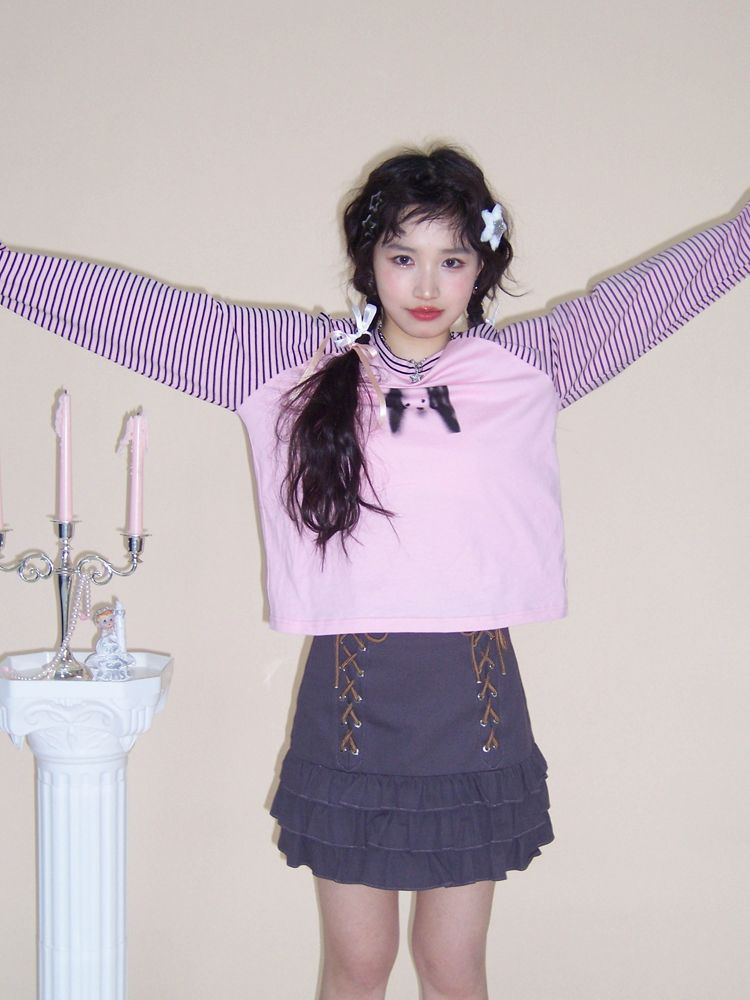 Pink striped print T-shirt【s0000001548】