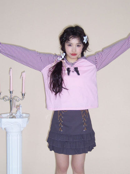 Pink striped print T-shirt【s0000001548】