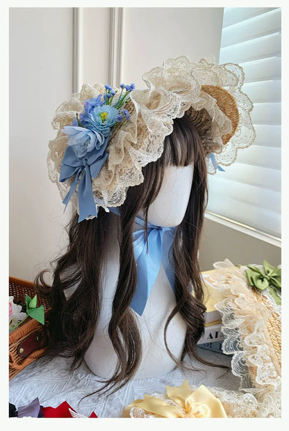 With PUJI - Floral Language - Country Lolita Lace Bow Flat Cap Straw Hat