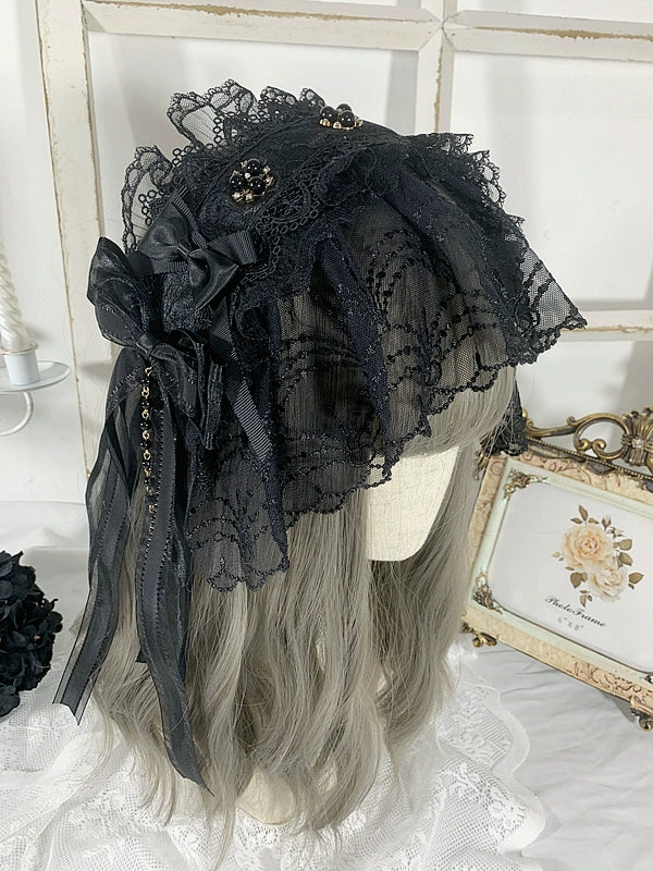 Sweet Jelly Lolita - Gothic Lolita Headband Black Bow Lace Hair Accessory