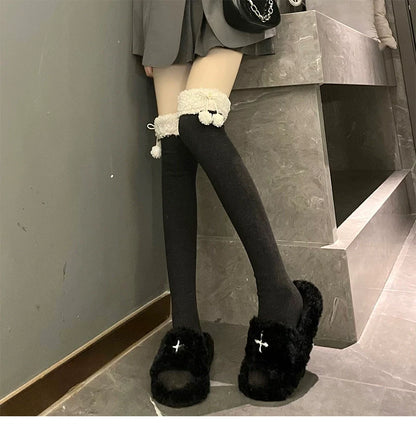 Hua Nai cat - Kawaii Winter Lolita Stockings Fuzzy Trim Furball Over-knee Socks