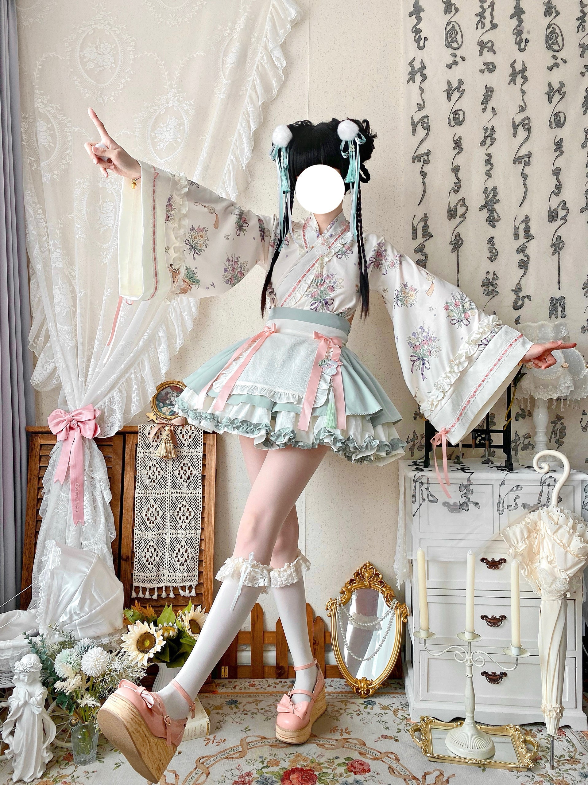 Qianmu - Little Herbalist - Han Lolita Skirt Outfit with Cross-collar Blouse and Apron