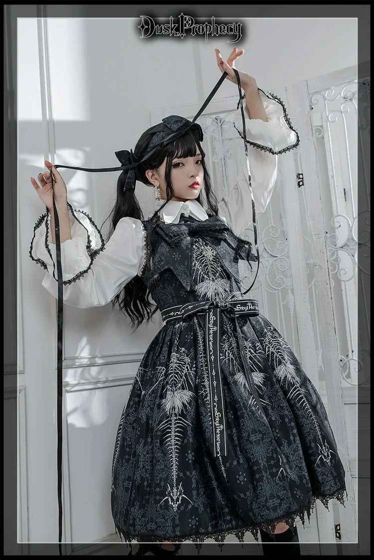 DuskProphecy - Coccyx - Elegant Lolita Dress High Waist Fishbone Print JSK Set
