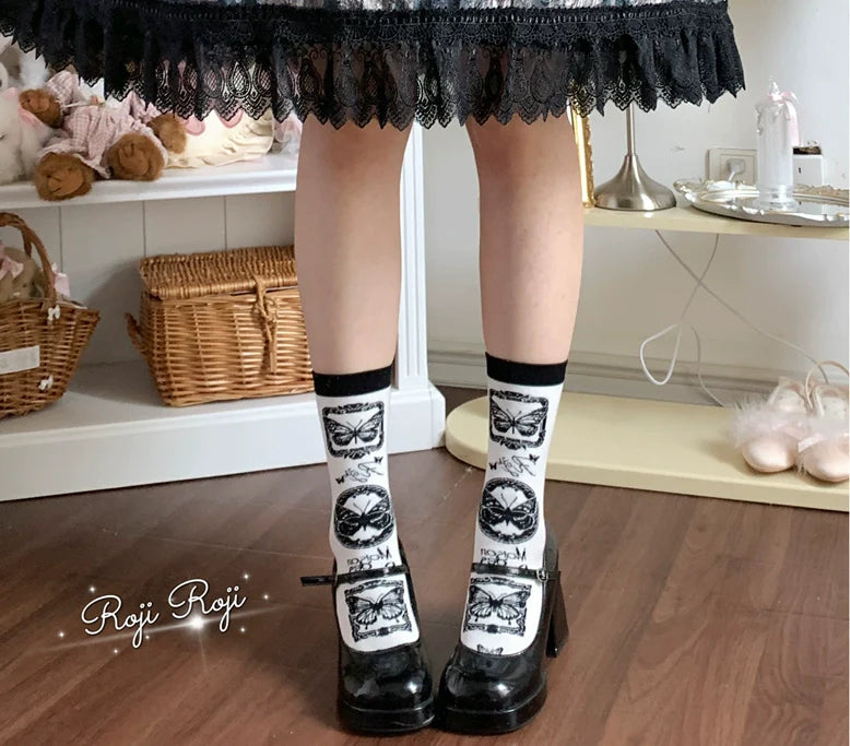 Roji Roji - Sweet Lolita Cotton Socks, Detachable Cuff Bow Trim