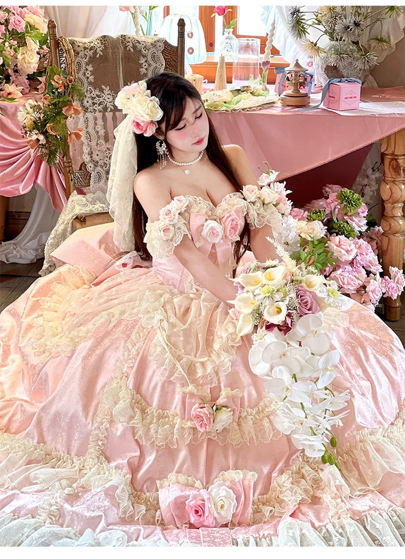 Diamond Honey - Love and Roses - Princess Bridal Wedding Lolita Dress With Rose Detail and Tiered Skirt