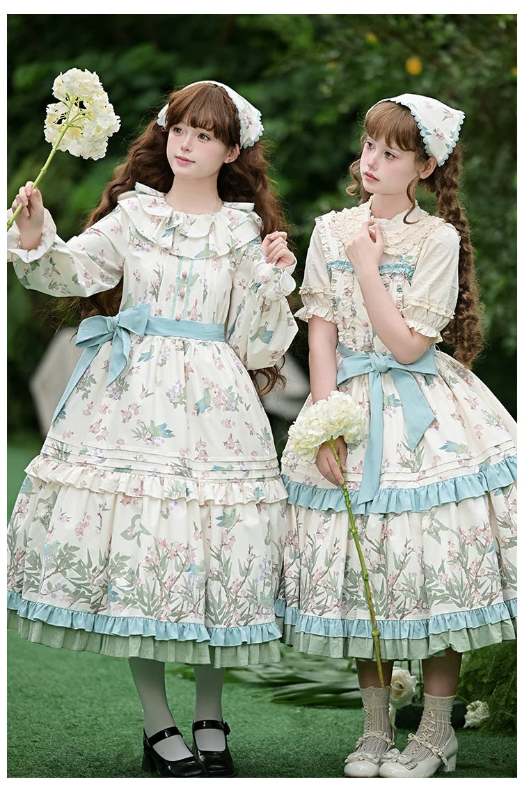 With PUJI - Oriole Time - Country Lolita JSK and OP Dress, Floral and Bird Print