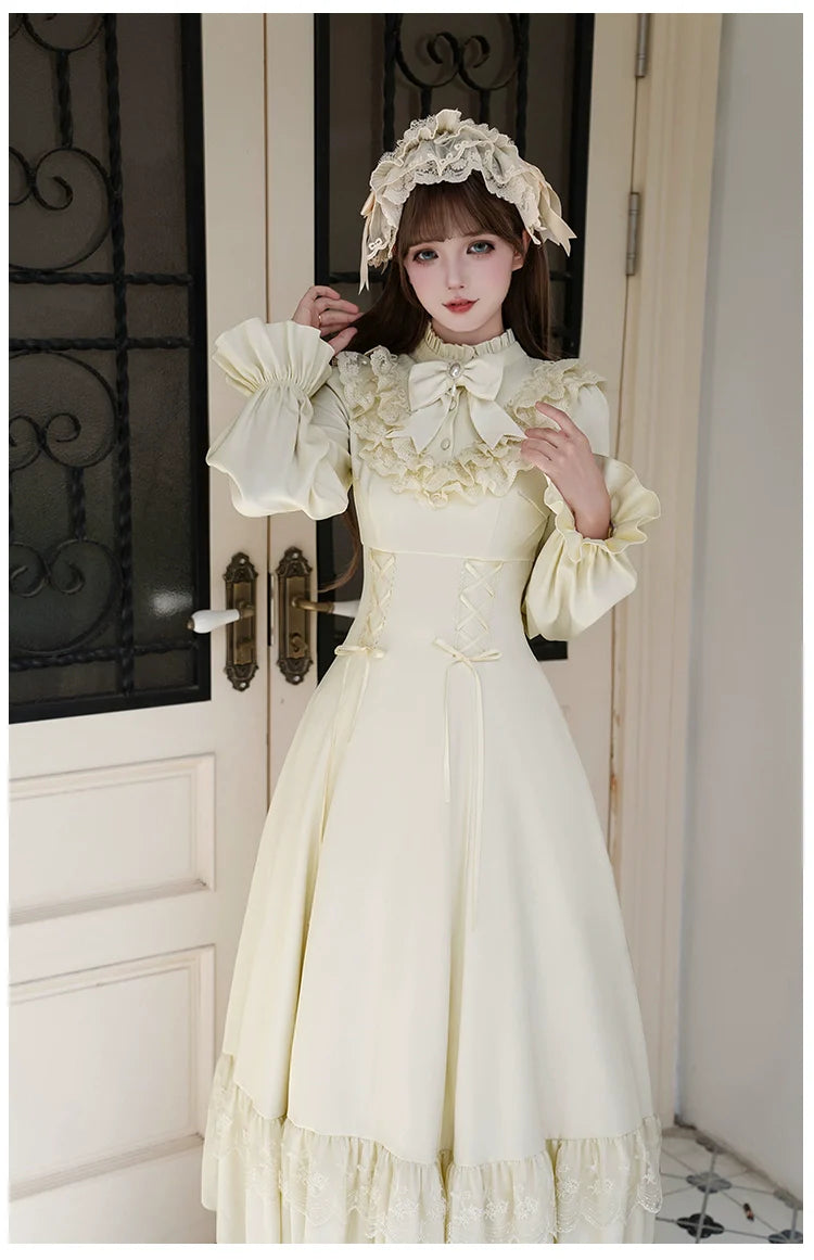With PUJI - White Daylight - Elegant Lolita Long Sleeve OP Dress, Side Zipper