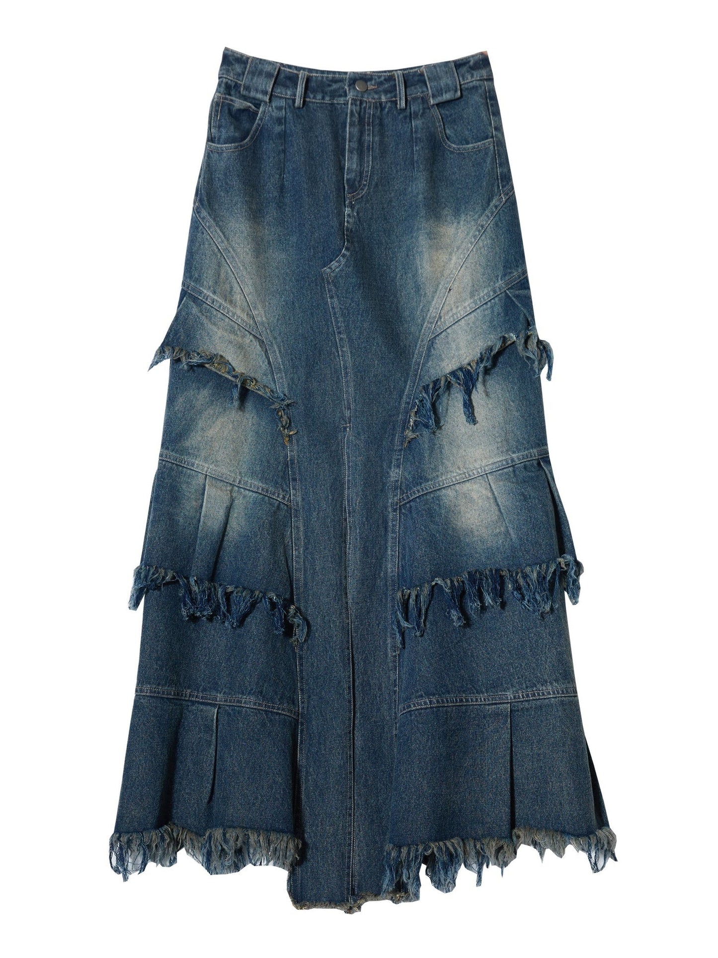 Washed Tassel Raw Edges Super Long Denim Skirt