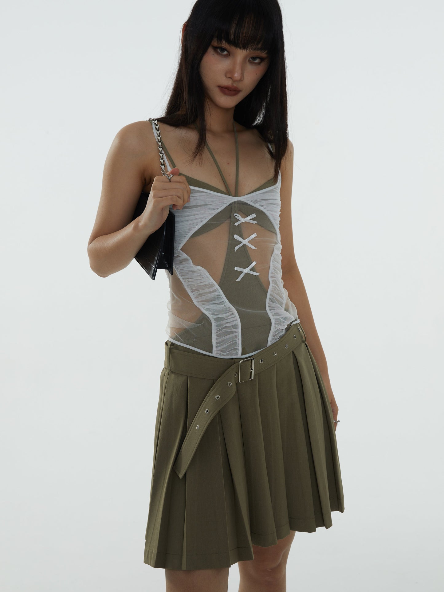 Mesh Shirring See-through Ribbon Camisole