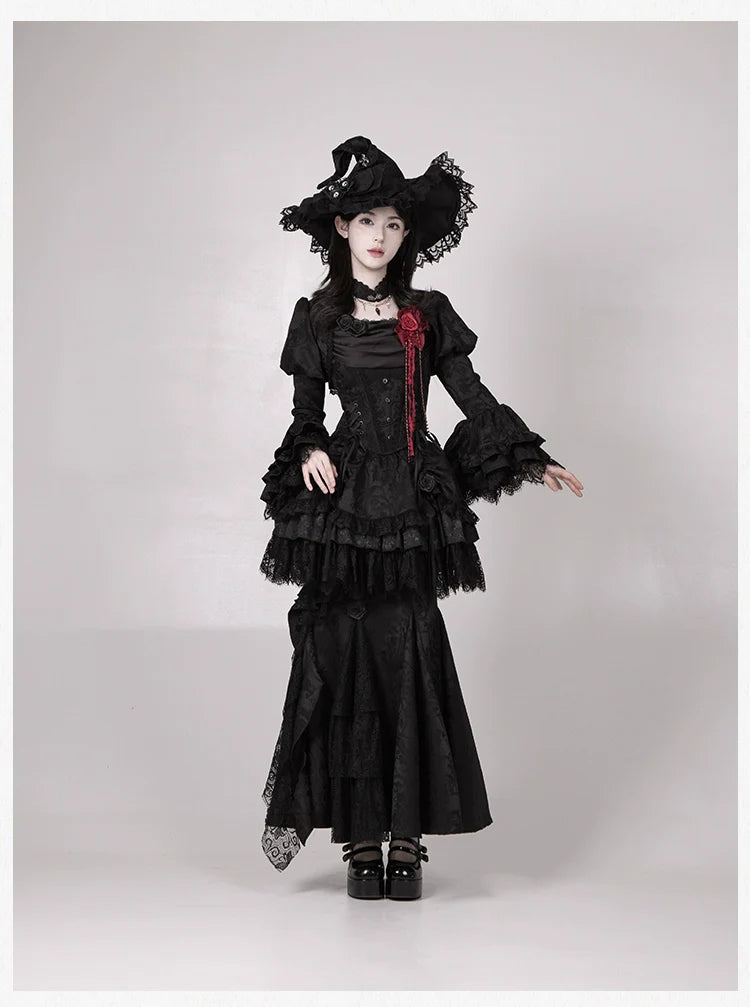 With PUJI - Letter and Poetry ﾂｷ Twilight - Black Gothic Lolita Skirt Set, Witch-Inspired