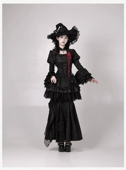 With PUJI - Letter and Poetry ﾂｷ Twilight - Black Gothic Lolita Skirt Set, Witch-Inspired